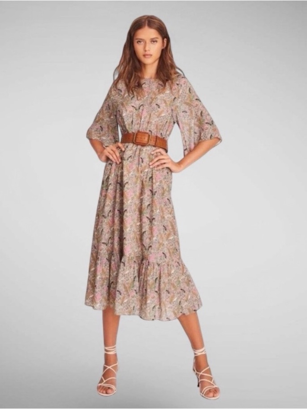 ba&sh Open Back Floral Midi Dress Size S Elastic Waist 3/4 Sleeve Boho Romantic⁠